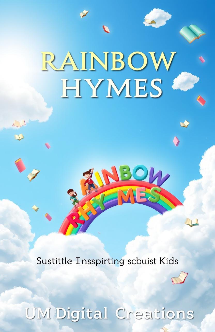 A dreamy and uplifting book cover for 'RAINBOW RHYMES,' showing joyful children joyfully climbing a vibrant rainbow constructed from colorful rhyming words
