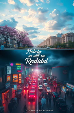 An enchanting visualization of a mirrored parallel city in South Korea: the upper half showcases a peaceful urban landscape featuring cherry blossom trees, tranquil parks, and calm pedestrians enjoying their day under a serene blue sky with gentle clouds