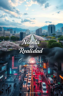 An enchanting visualization of a mirrored parallel city in South Korea: the upper half showcases a peaceful urban landscape featuring cherry blossom trees, tranquil parks, and calm pedestrians enjoying their day under a serene blue sky with gentle clouds