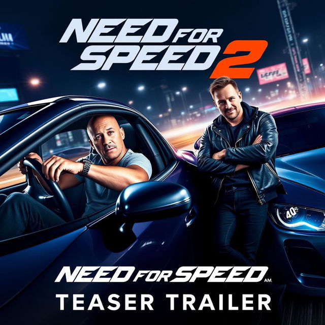 An electrifying teaser poster for 'Need for Speed 2' (2025), featuring Vin Diesel and Aaron Paul as the lead characters