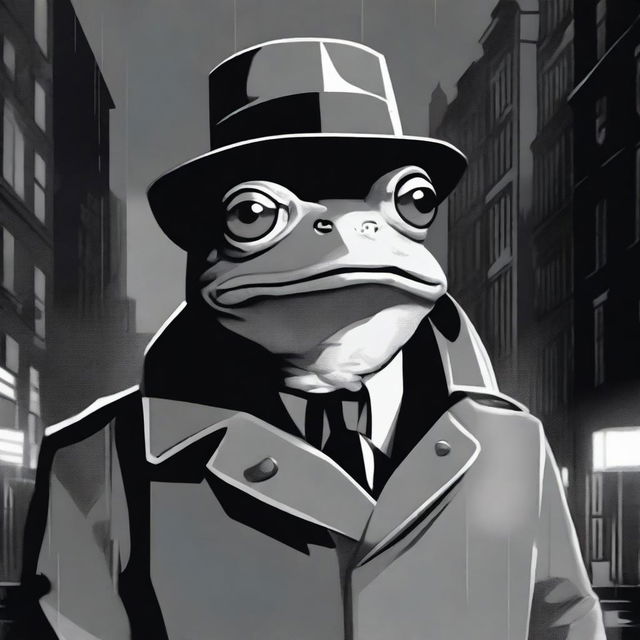 A high-quality stylized drawing featuring a frog in a noir setting