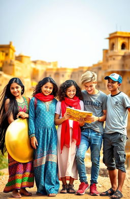Five 15-year-old friends in a vibrant Jaisalmer background, characterized by its stunning golden sandstone architecture