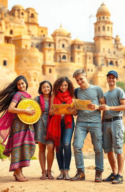 Five 15-year-old friends in a vibrant Jaisalmer background, characterized by its stunning golden sandstone architecture