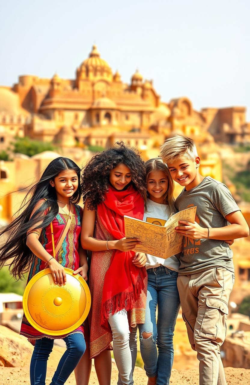 Five 15-year-old friends in a vibrant Jaisalmer background, characterized by its stunning golden sandstone architecture