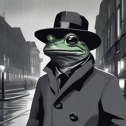 A high-quality stylized drawing featuring a frog in a noir setting