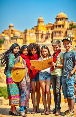Five 15-year-old friends in a vibrant Jaisalmer background, characterized by its stunning golden sandstone architecture