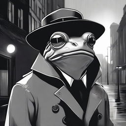 A high-quality stylized drawing featuring a frog in a noir setting