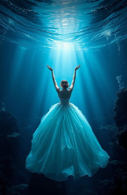 A stunning abyss in the deep ocean, illuminated by ethereal light streaming down from above, creating a magical atmosphere