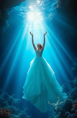 A stunning abyss in the deep ocean, illuminated by ethereal light streaming down from above, creating a magical atmosphere