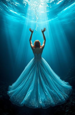 A stunning abyss in the deep ocean, illuminated by ethereal light streaming down from above, creating a magical atmosphere