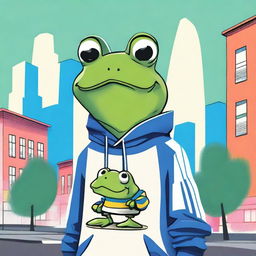 A high-quality, stylized drawing showcasing a frog wearing an Adidas sweatshirt