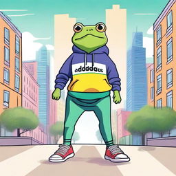 A high-quality, stylized drawing showcasing a frog wearing an Adidas sweatshirt