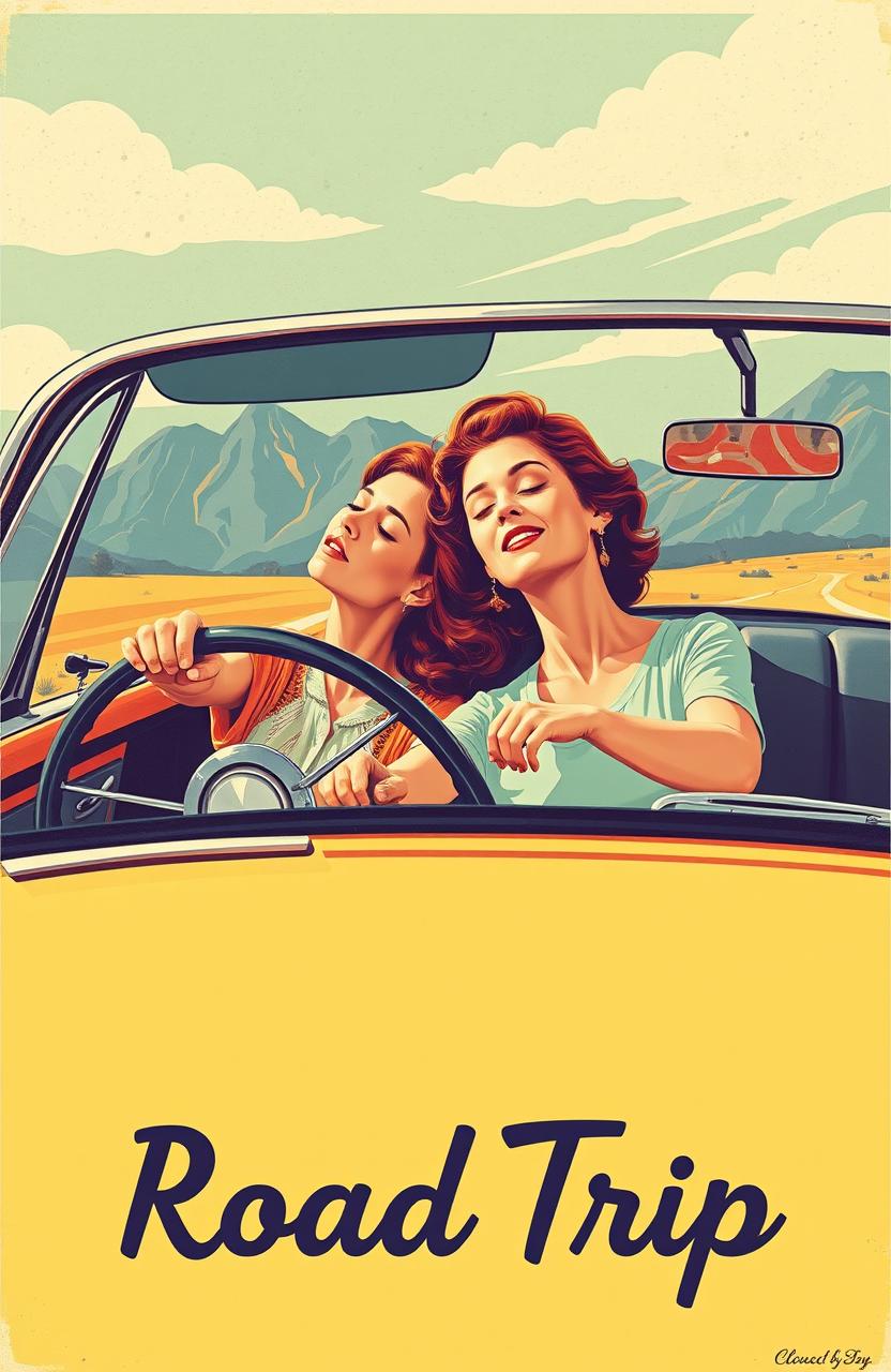 A captivating retro style poster featuring a woman driving a classic car while her mother is sitting beside her, sound asleep with her head tilted back, resembling a peaceful yet exaggeratedly lifeless position
