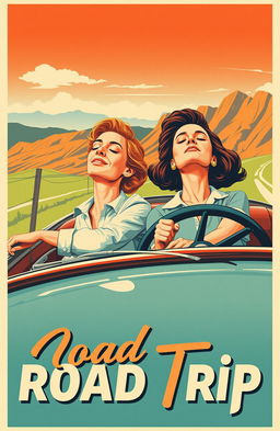 A captivating retro style poster featuring a woman driving a classic car while her mother is sitting beside her, sound asleep with her head tilted back, resembling a peaceful yet exaggeratedly lifeless position