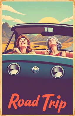 A captivating retro style poster featuring a woman driving a classic car while her mother is sitting beside her, sound asleep with her head tilted back, resembling a peaceful yet exaggeratedly lifeless position