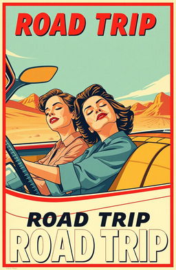 A captivating retro style poster featuring a woman driving a classic car while her mother is sitting beside her, sound asleep with her head tilted back, resembling a peaceful yet exaggeratedly lifeless position