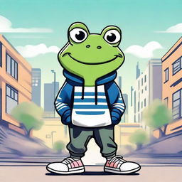 A high-quality, stylized drawing showcasing a frog wearing an Adidas sweatshirt