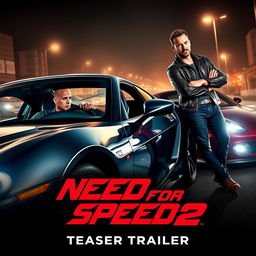 A captivating teaser poster for 'Need for Speed 2' (2025), prominently featuring Vin Diesel and Aaron Paul