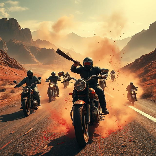 A high-action motorcycle combat scene set on a winding road in a desolate desert landscape, surrounded by rugged, barren mountains