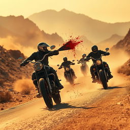 A high-action motorcycle combat scene set on a winding road in a desolate desert landscape, surrounded by rugged, barren mountains