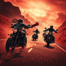 A high-action motorcycle combat scene set on a winding road in a desolate desert landscape, surrounded by rugged, barren mountains