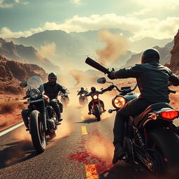 A high-action motorcycle combat scene set on a winding road in a desolate desert landscape, surrounded by rugged, barren mountains