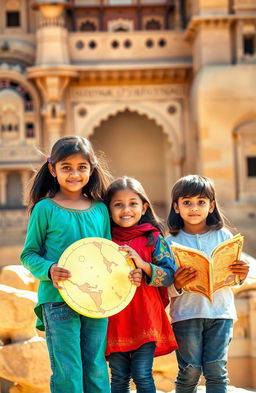 Five 15-year-old children in a vibrant Jaisalmer background, characterized by golden sandstone architecture