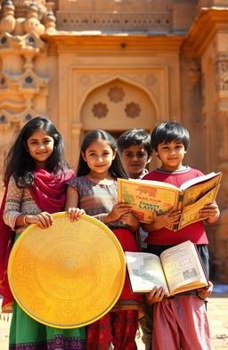 Five 15-year-old children in a vibrant Jaisalmer background, characterized by golden sandstone architecture