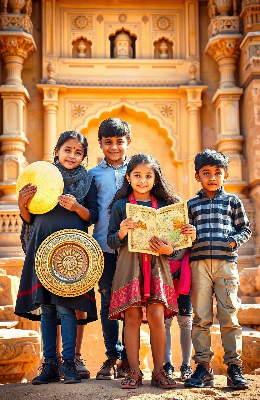Five 15-year-old children in a vibrant Jaisalmer background, characterized by golden sandstone architecture