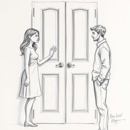A detailed pencil drawing of a woman and a man separated by a closed door