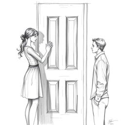 A detailed pencil drawing of a woman and a man separated by a closed door
