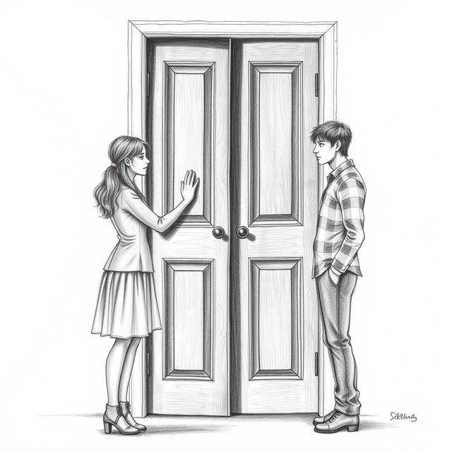 A detailed pencil drawing of a woman and a man separated by a closed door