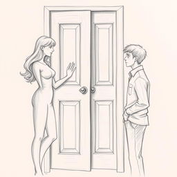 A detailed pencil drawing of a woman and a man separated by a closed door