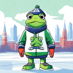 A high-quality digital art piece showcasing a frog in an Adidas sweatshirt, styled in a Russian aesthetic