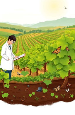 An illustration depicting a detailed environmental study of grape vineyards, showcasing various elements such as lush green grapevines, rich soil, and a diverse ecosystem in the background