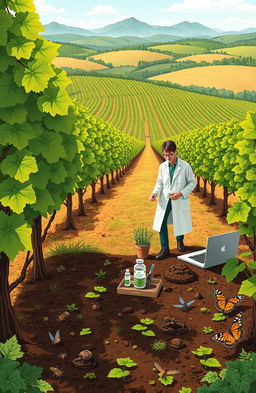 An illustration depicting a detailed environmental study of grape vineyards, showcasing various elements such as lush green grapevines, rich soil, and a diverse ecosystem in the background