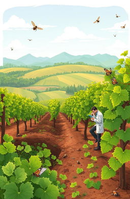 An illustration depicting a detailed environmental study of grape vineyards, showcasing various elements such as lush green grapevines, rich soil, and a diverse ecosystem in the background