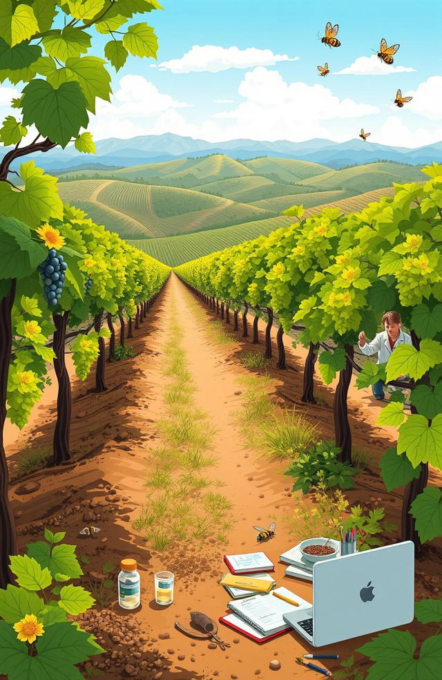 An illustration depicting a detailed environmental study of grape vineyards, showcasing various elements such as lush green grapevines, rich soil, and a diverse ecosystem in the background