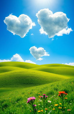 A surreal scene depicting fluffy, white clouds shaped like hearts floating in a bright blue sky