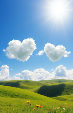 A surreal scene depicting fluffy, white clouds shaped like hearts floating in a bright blue sky