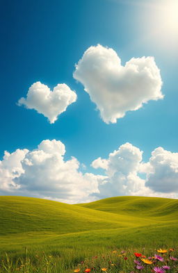 A surreal scene depicting fluffy, white clouds shaped like hearts floating in a bright blue sky