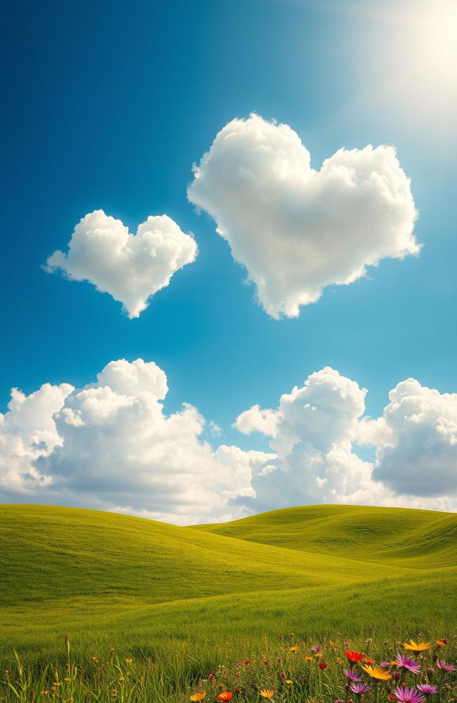 A surreal scene depicting fluffy, white clouds shaped like hearts floating in a bright blue sky