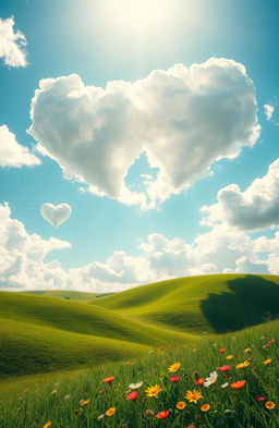 A surreal scene depicting fluffy, white clouds shaped like hearts floating in a bright blue sky
