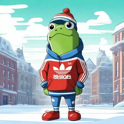 A high-quality digital art piece showcasing a frog in an Adidas sweatshirt, styled in a Russian aesthetic