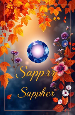 A breathtaking and artistic book cover design that captures the essence of autumn, featuring rich colors of orange, gold, and deep blue