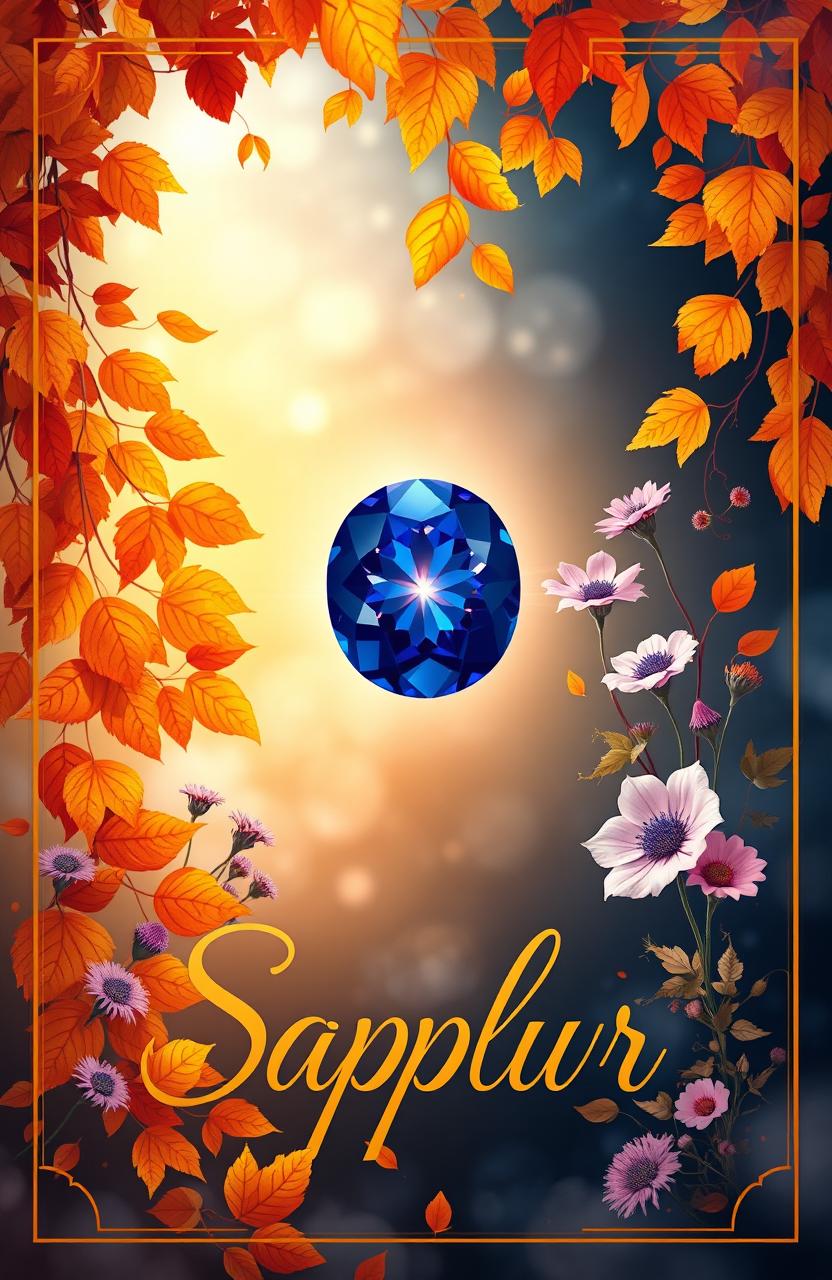 A breathtaking and artistic book cover design that captures the essence of autumn, featuring rich colors of orange, gold, and deep blue