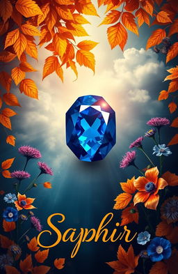 A breathtaking and artistic book cover design that captures the essence of autumn, featuring rich colors of orange, gold, and deep blue
