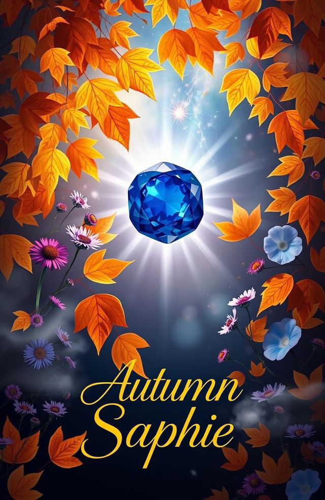 A breathtaking and artistic book cover design that captures the essence of autumn, featuring rich colors of orange, gold, and deep blue