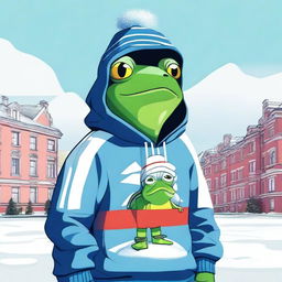 A high-quality digital art piece showcasing a frog in an Adidas sweatshirt, styled in a Russian aesthetic