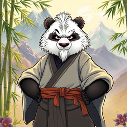 A masterful illustration of a wise martial arts master reminiscent of Master Shifu from Kung Fu Panda, showcasing intricate details in his fur, wise eyes, and traditional martial arts attire